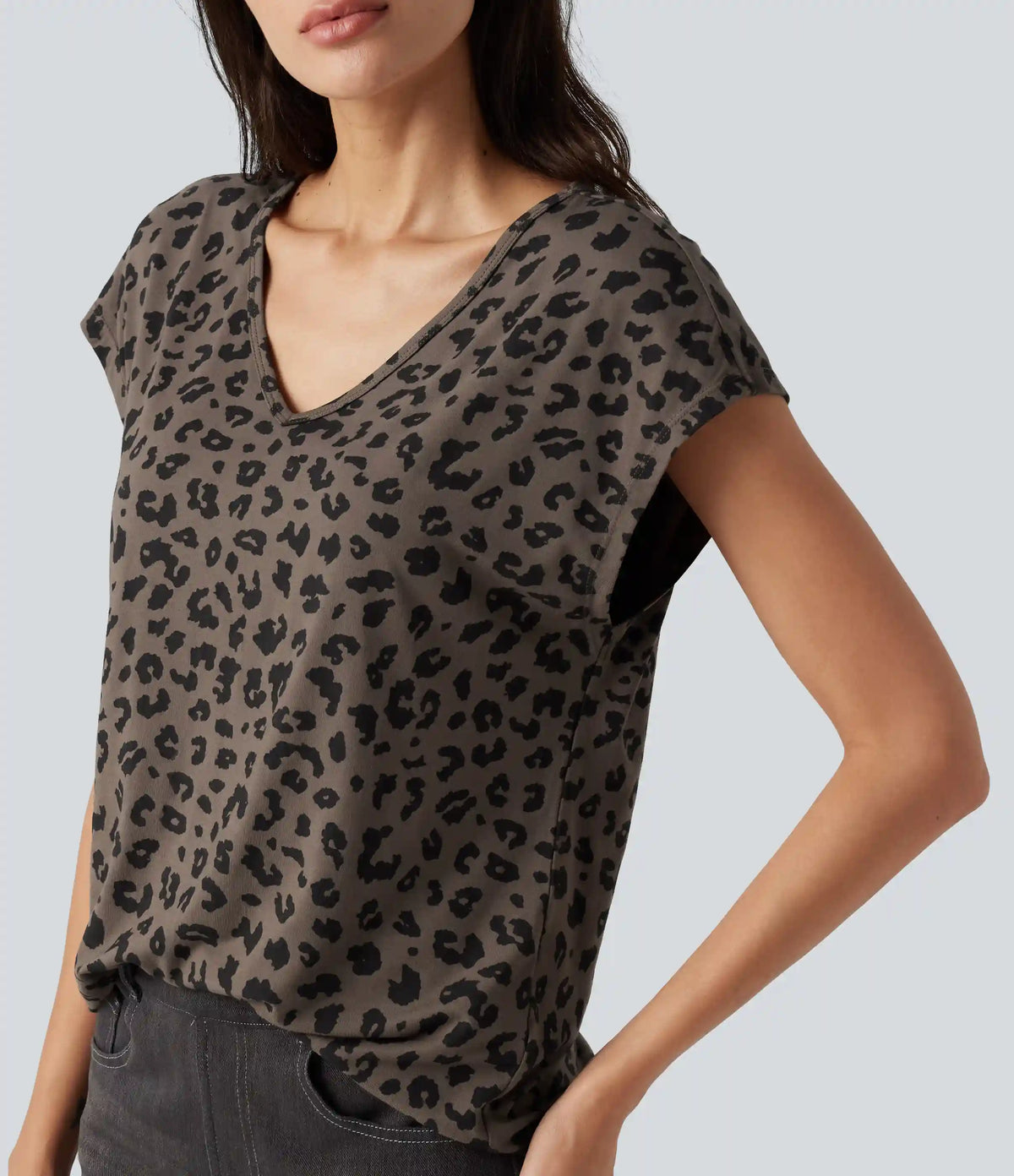 V Neck Short Sleeve Leopard Print Casual T-Shirt