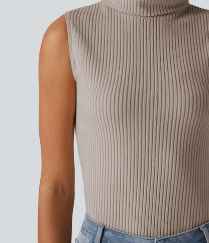 Ribbed Knit High Neck Casual Tank Top