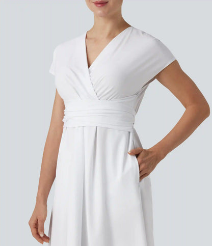 Breezeful™ V Neck Short Sleeve Pocket Tie Back Quick Dry Midi Casual Dress