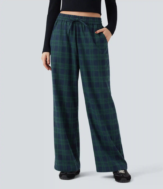 High-waisted Plaid Print Casual Baggy Pants with Pockets