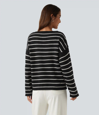 Boat Neck Long Sleeve Stripe Rolled Hem Oversized Casual Sweater