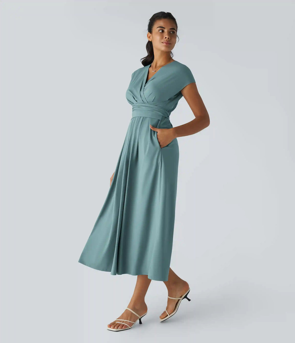 Breezeful™ V Neck Short Sleeve Pocket Tie Back Quick Dry Midi Casual Dress-Longer Length