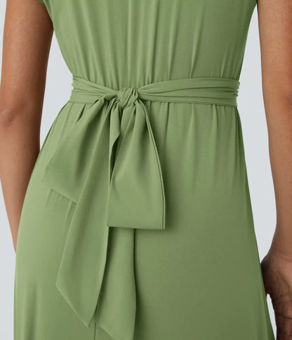Breezeful™ V Neck Short Sleeve Pocket Tie Back Quick Dry Midi Casual Dress-Longer Length