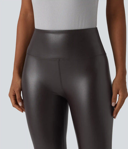 High Waisted Tummy Control Stretchy PU Casual Capri Leggings with Pockets