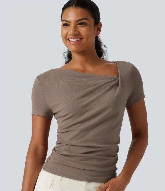 Ribbed Knit Asymmetric Neck Short Sleeve Ruched Casual T-Shirt