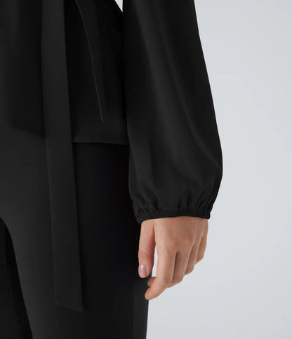 Shawl Collar Wrapped Tie Side Ruffle Hem Work Blouse
