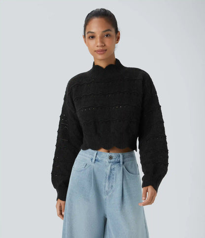 Mock Neck Bishop Sleeve Scallop Hem Open Knit Casual Sweater