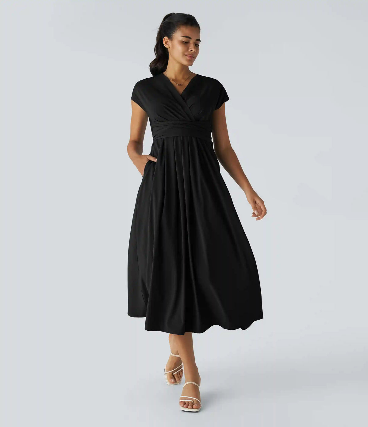 Breezeful™ V Neck Short Sleeve Pocket Tie Back Quick Dry Midi Casual Dress-Longer Length
