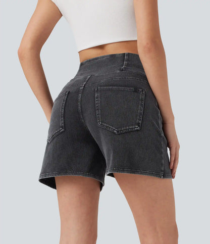 Halara Flex™ Crossover High Waisted Pockets Wide Leg A Line Washed Denim Casual Shorts
