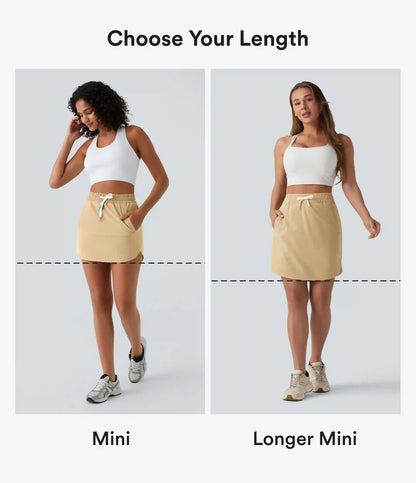 High Waisted Drawstring 2-in-1 Curved Hem Mini Golf Skirt with Pockets-Longer Length
