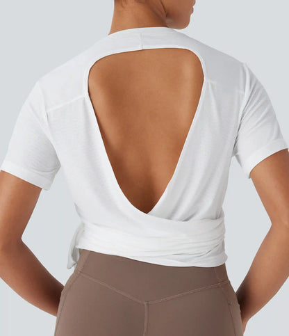 Round Neck Short Sleeve Tie Side Yoga Sports Top