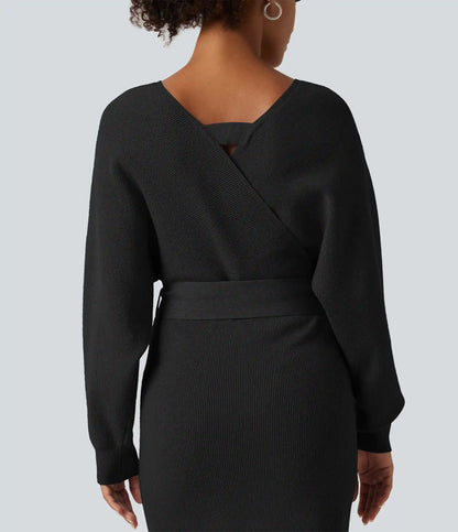 Crossover V Neck Batwing Long Sleeve Belted Midi Casual Sweater Dress