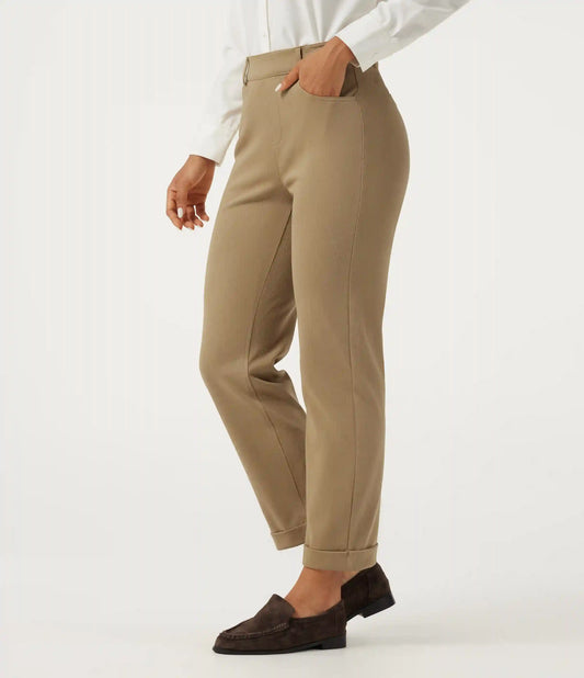 High Waisted Tapered Rolled Hem Work Cotton Pants with Pockets