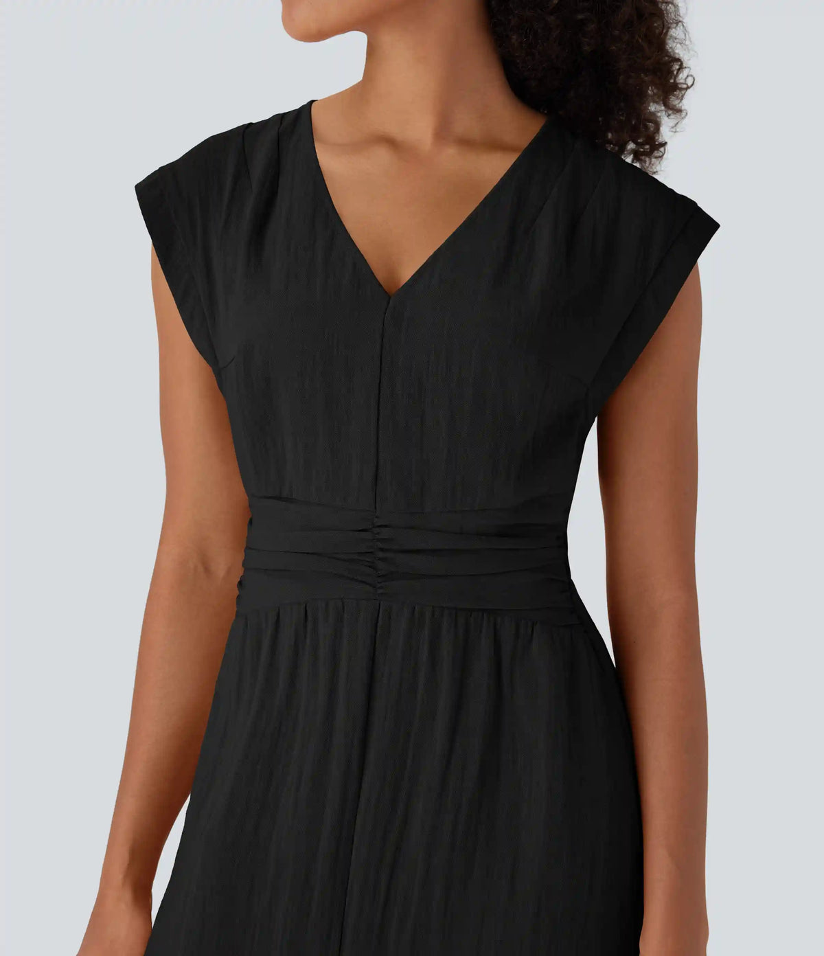 Deep V Neck Cap Sleeve Ruched Maxi Linen-Feel Dress with Pockets