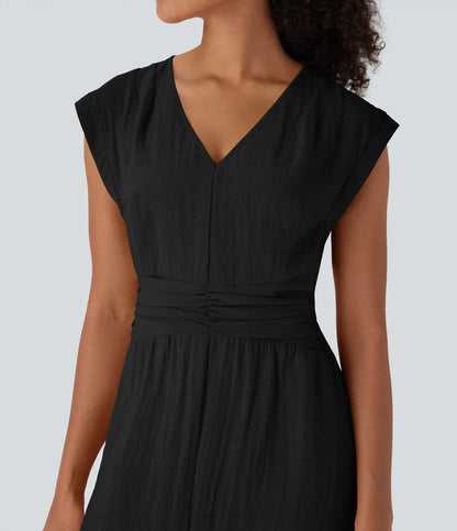 Deep V Neck Cap Sleeve Ruched Maxi Linen-Feel Dress with Pockets