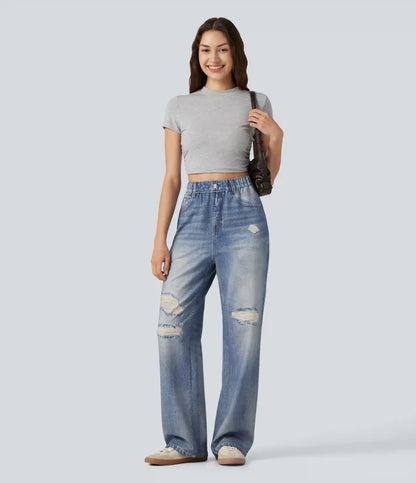 High Waisted Denim Print French Terry Casual Sweatpants Jeans with Pockets