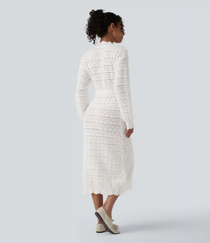 Long Sleeve Belted Midi Casual Sweater Dress