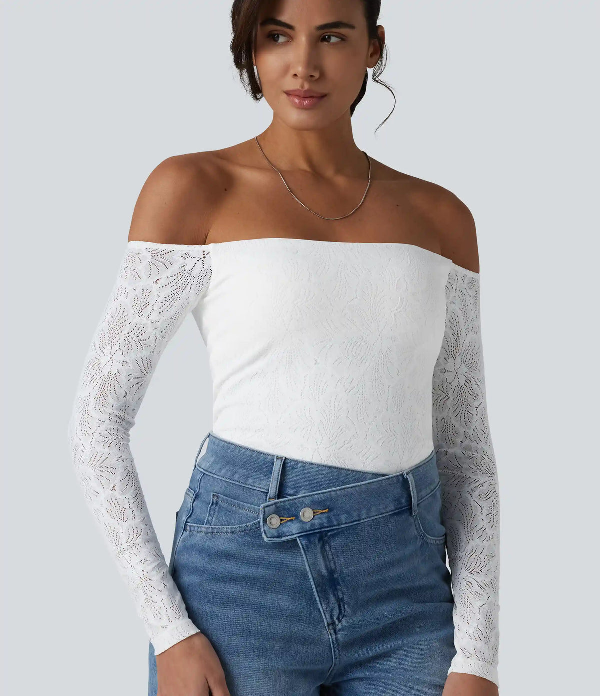 Off Shoulder Built-in Bra Long Sleeve Lace Casual Top