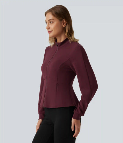 SpacerTek™ Stand Collar Zip Fly Long Sleeve Ruffle Hem Yoga Jacket with Pockets