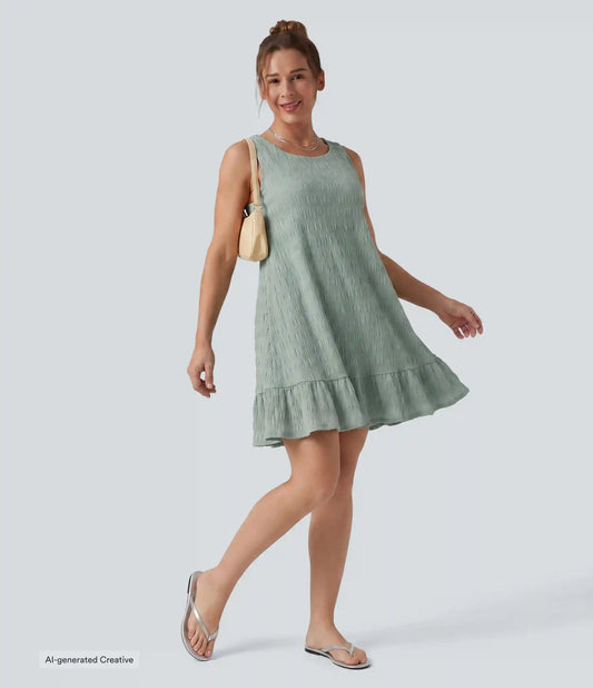 Round Neck Built-in Bra Sleeveless Ruffle Hem Mini Casual Dress DD-F Cups