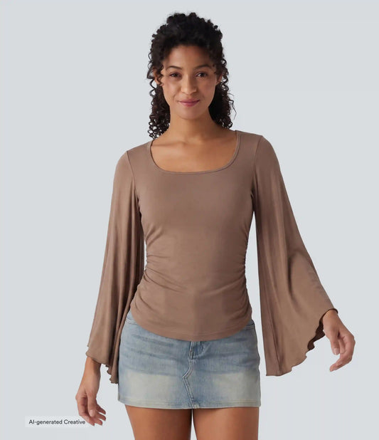Ribbed Square Neck Flounce 7/8 Sleeve Ruched Casual T-Shirt