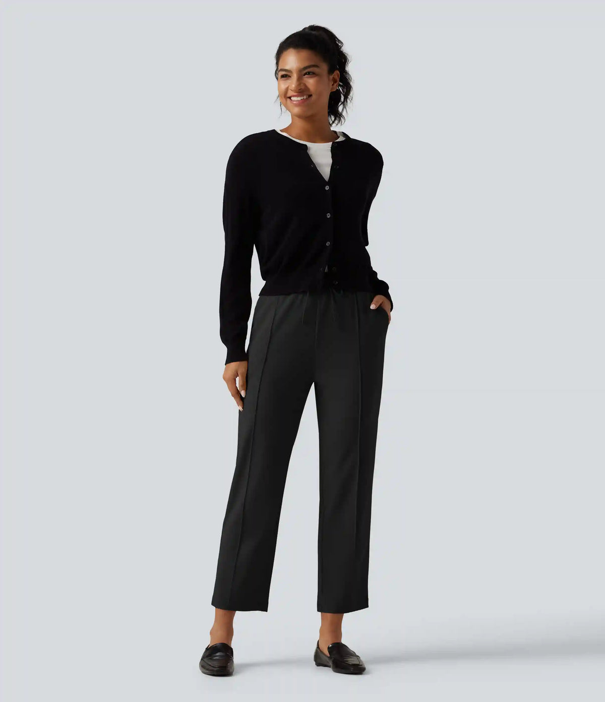 High Waisted Drawstring Tapered Pintuck Work Pants with Pockets