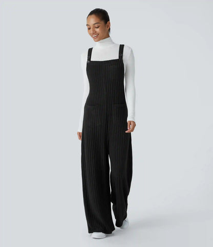 Ribbed Knit Pockets Casual Overalls