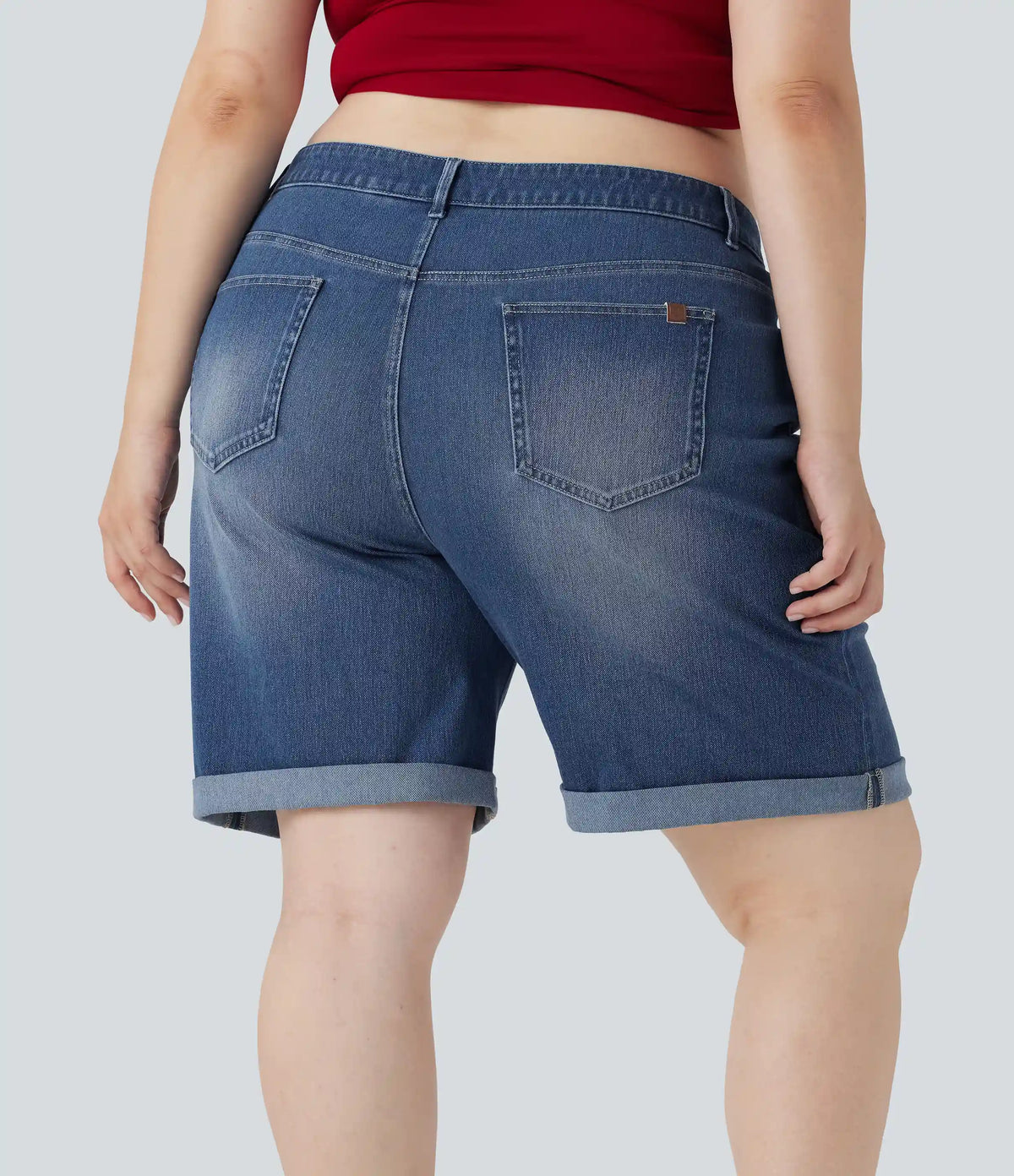 Halara Flex™ High Waisted Multiple Pockets Rolled Hem Washed Stretchy Knit Denim Casual Plus Size Bermuda Shorts