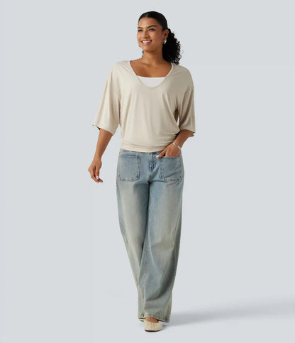 Scoop Neck Half Sleeve Color Block Casual Top