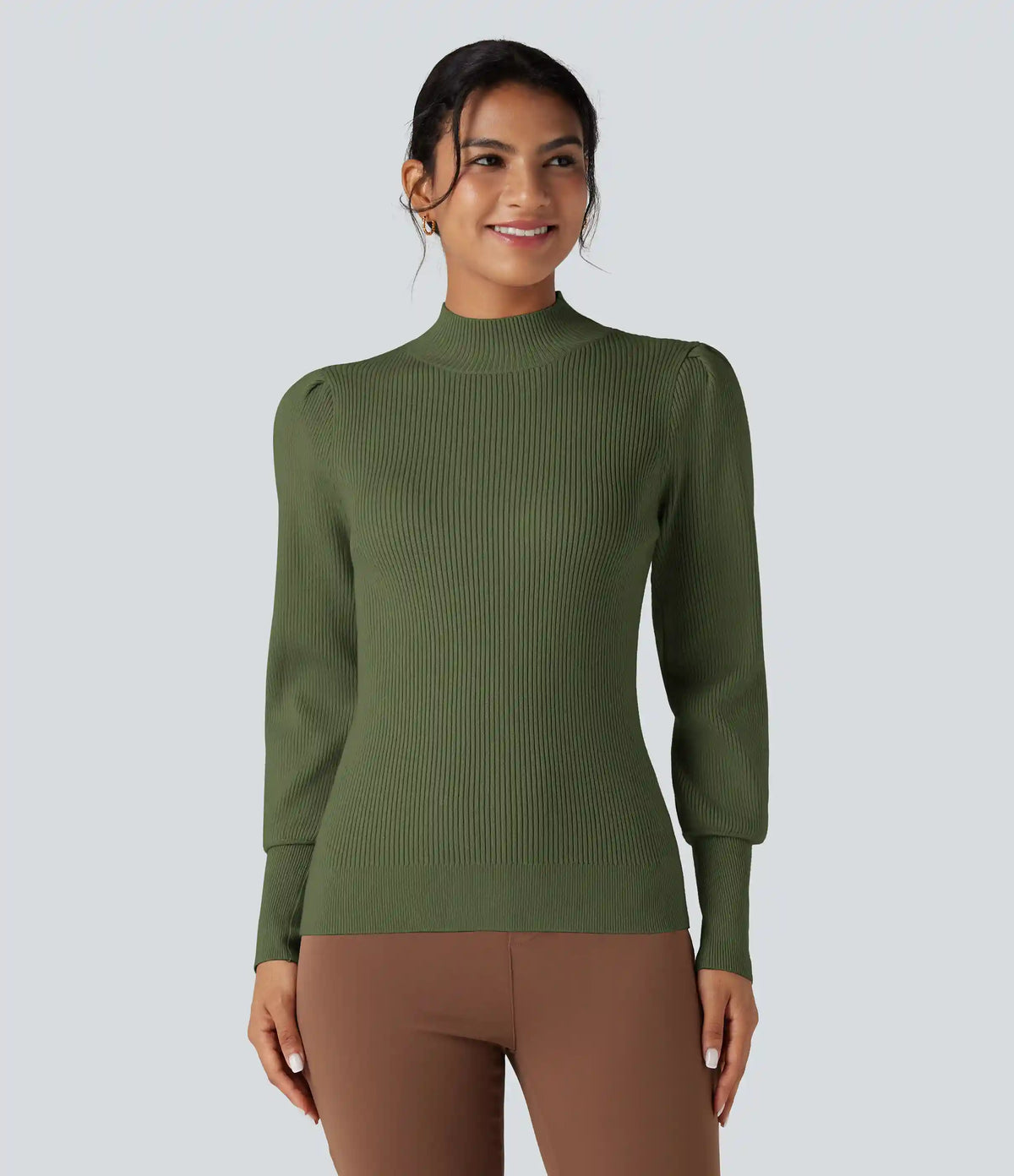Mock Neck Puff Long Sleeve Casual Sweater