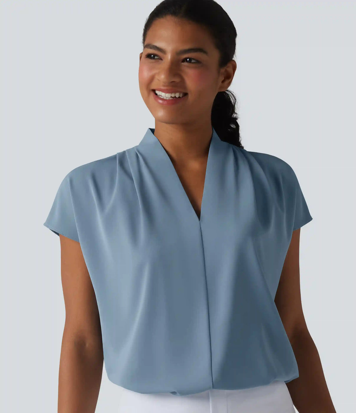 Wrinkle Recovery V-neck Batwing Sleeve Loose Fit Work Blouse