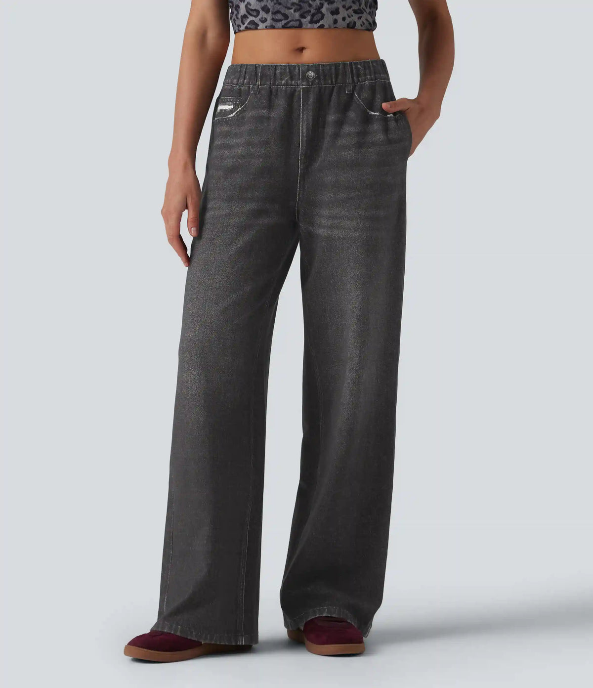 Mid Rise Denim Print French Terry Casual Sweatpants Jeans with Pockets