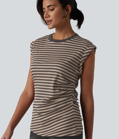 Ribbed Knit Round Neck Cap Sleeve Stripes Casual T-Shirt