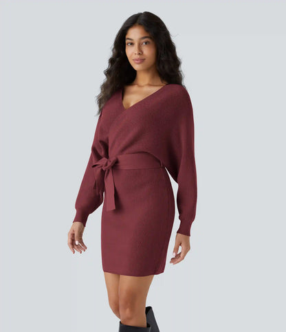 Crossover V Neck Batwing Long Sleeve Belted Mini Casual Sweater Dress