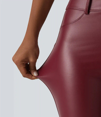 High Waisted Stretchy PU Casual Pedal Pushers Leggings with Pockets