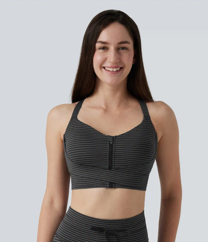 Medium Support Push Up Zipper Adjustable Built-in Bra Buckle Striped Running Sports Bra