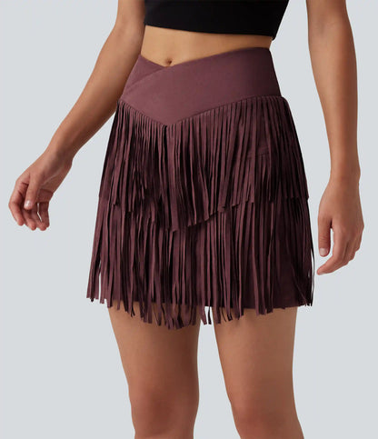 Crossover High Waisted 2-in-1 Fringe Hem Bodycon Mini Suede Party Skirt-Longer Length