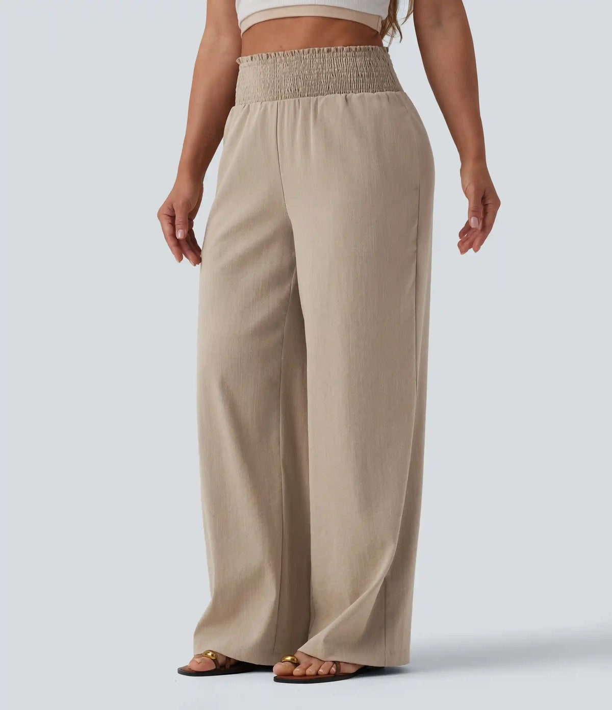 Shirred High Waisted Linen-Feel Casual Wide Leg Pants with Pockets