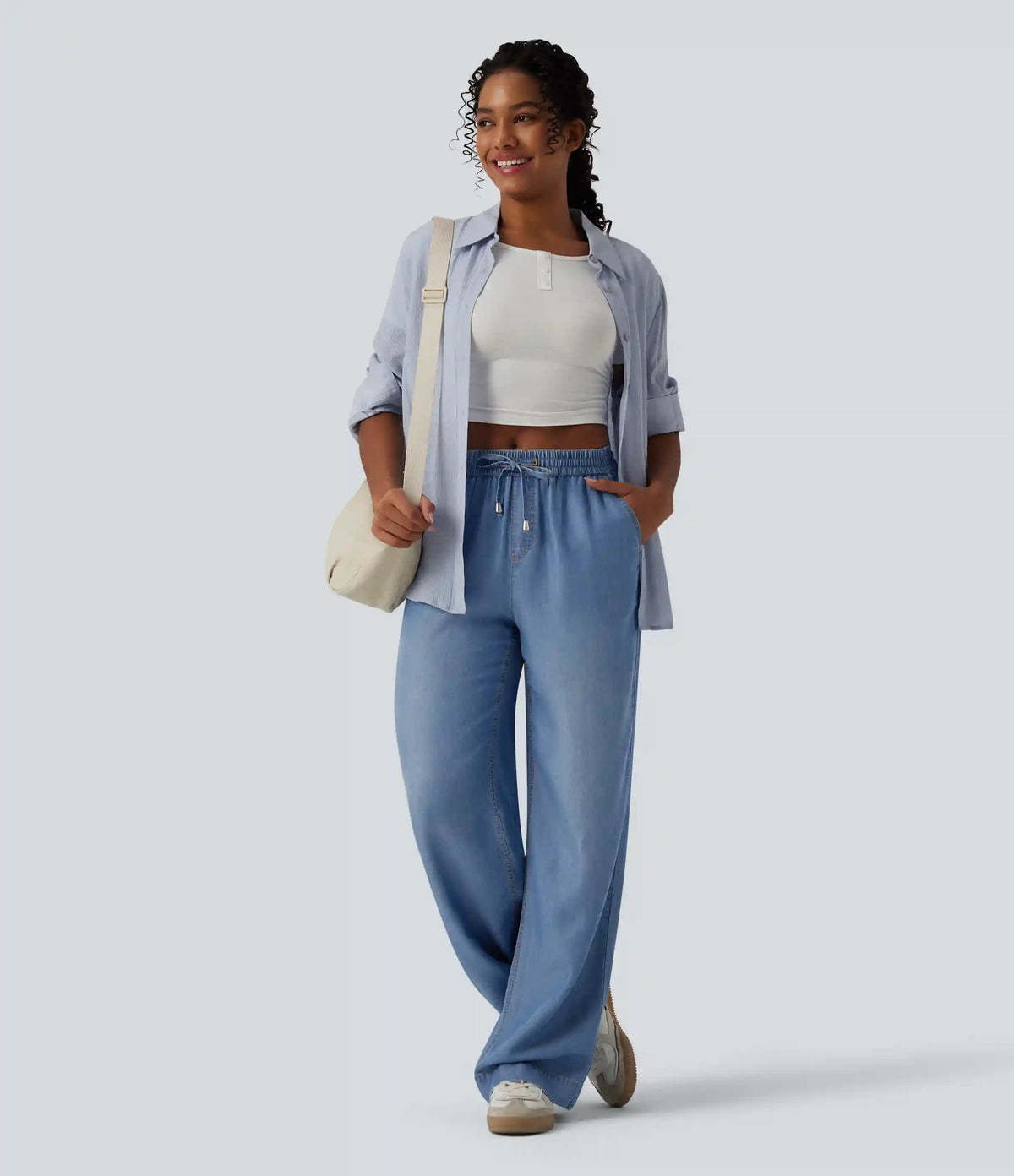 Mid Rise Drawsting Draped Wide Leg Casual Jeans with Pockets