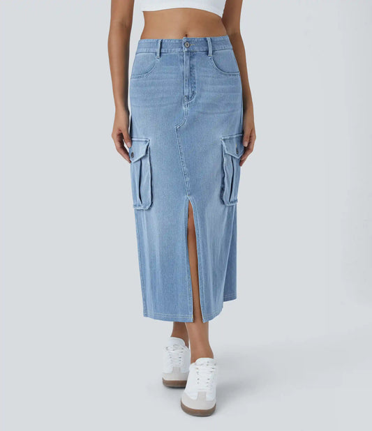 Halara Flex™ Mid Rise Zipper Pockets A Line Denim Maxi Casual Cargo Skirt