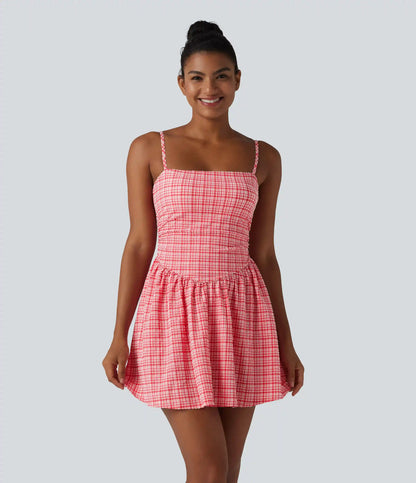 Adjustable Straps 2-in-1 Built-in Bra A-line Mini Plaid Crinkle Quick Dry Tennis Active Slip Dress with Pockets-Easy Peezy