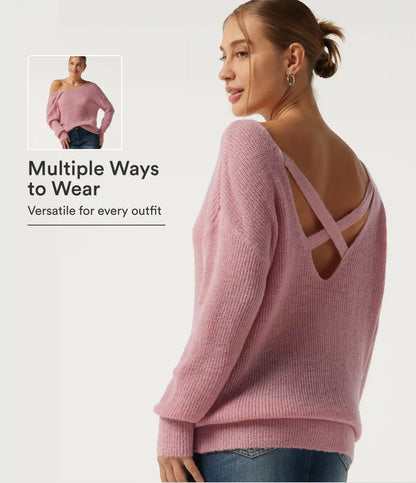 One Shoulder Crisscross Back Dropped Long Sleeve Relaxed Casual Sweater