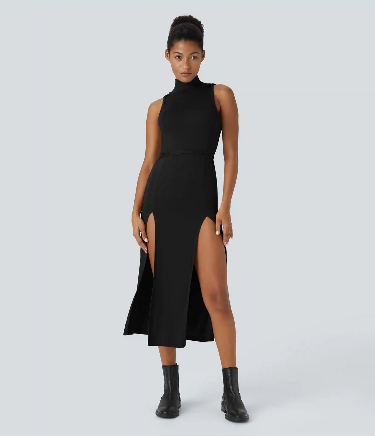 Ribbed Hooded High Neck Sleeveless Cut Out Tie Back 2-Piece Midi Casual Dress