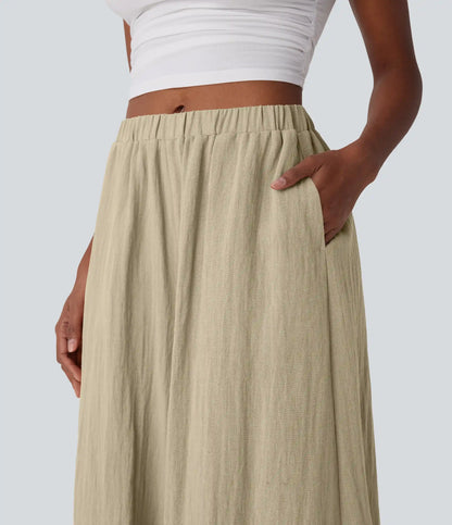 Mid Rise Wide Leg Flowy Linen-Feel Pants with Pocket