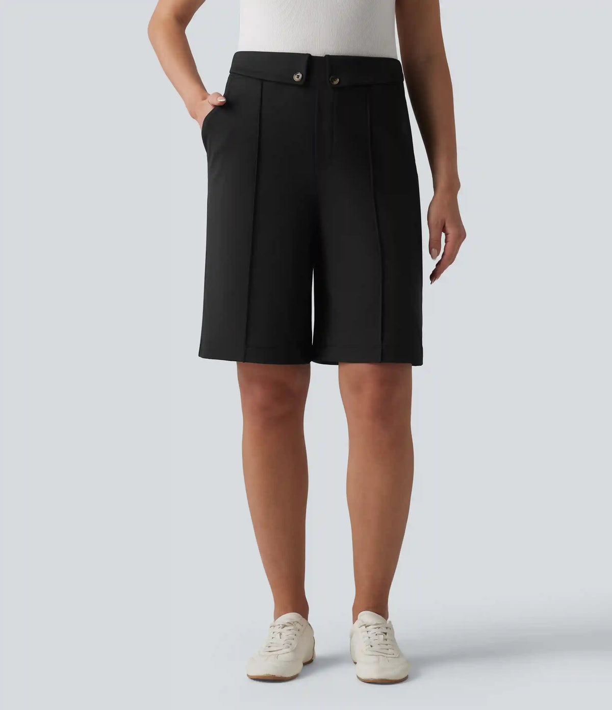 DayStretch High Waisted Straight Leg Work Bermuda Shorts with Pockets