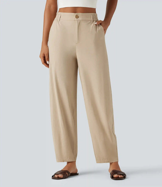 High Waisted Tapered Casual Stretch Linen Pants with Pockets