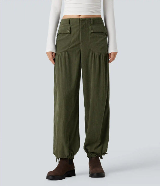 Mid Rise Wide Leg Corduroy Casual Pants with Pockets