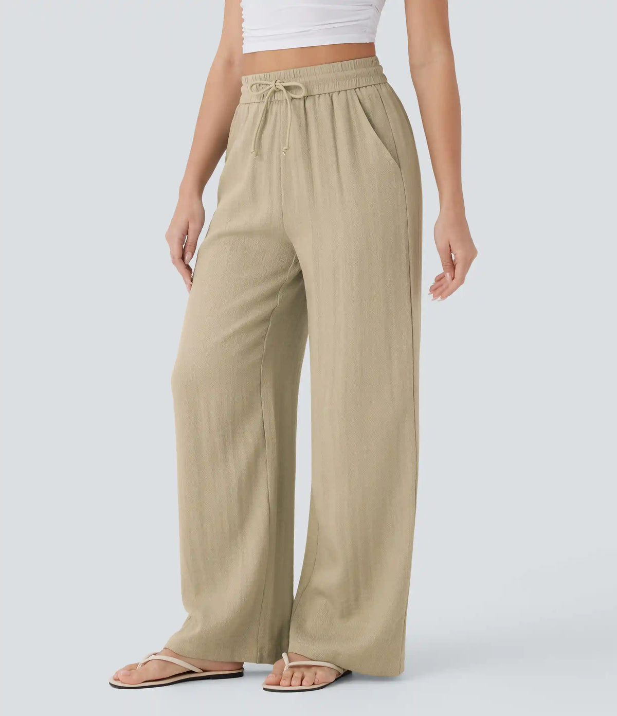 High Waisted Drawstring Pocket Wide Leg Baggy Casual Linen-Feel Pants