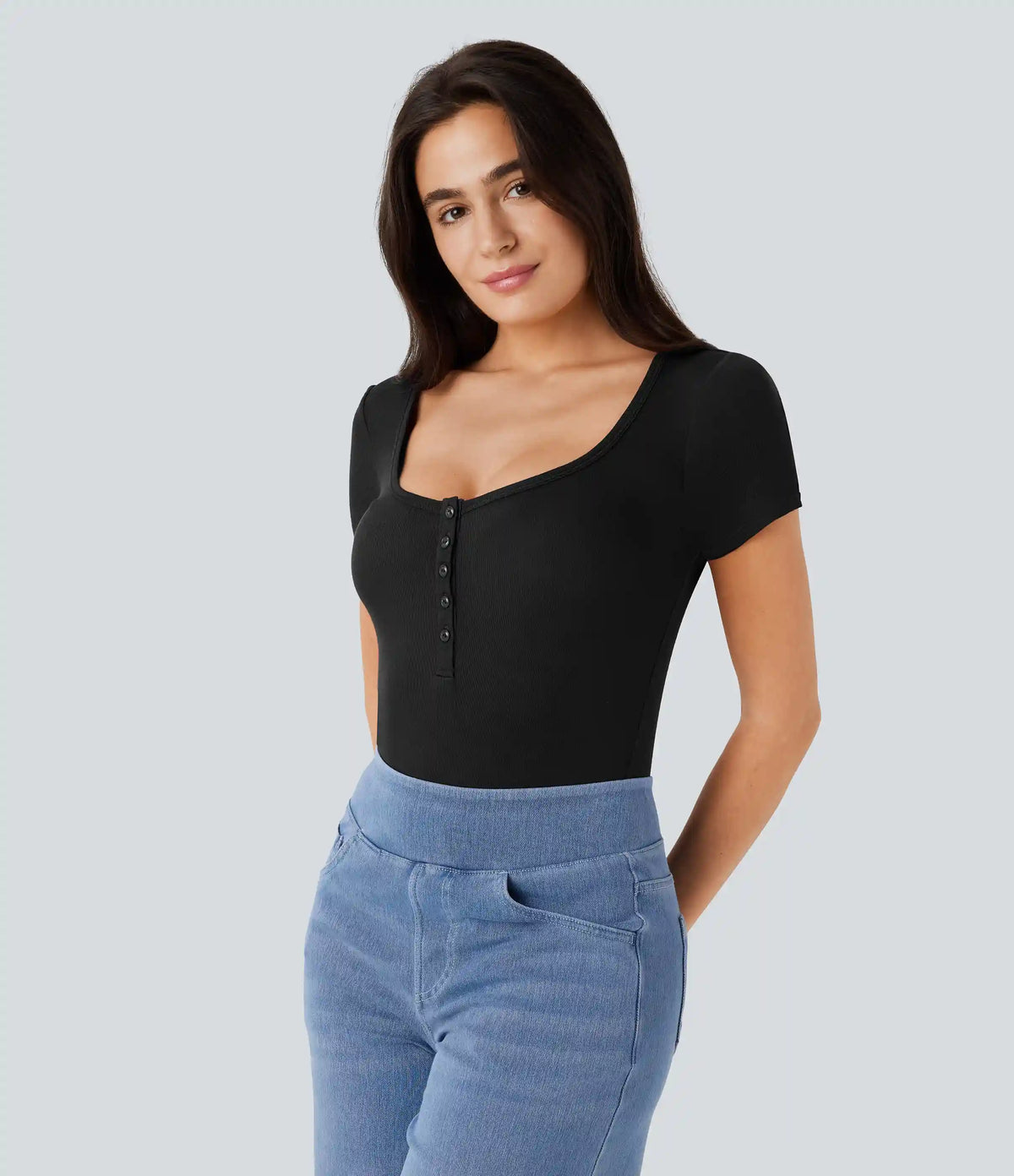Ribbed Henley Neck Short Sleeve Slim Casual Top