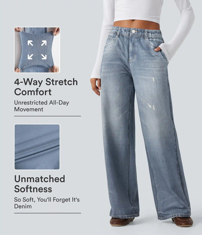 Mid Rise Denim Print French Terry Casual Sweatpants Jeans with Pockets